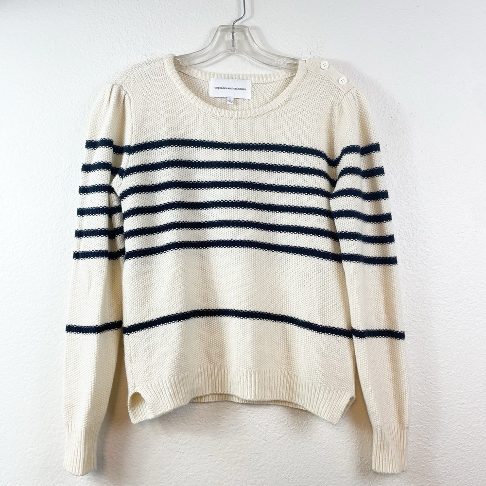 Cupcakes and Cashmere Striped Sweater L Wool Blend Cream Navy Nautical Preppy